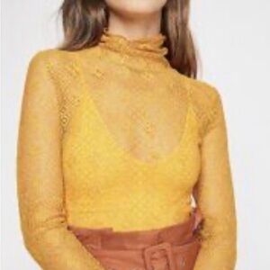 Free People Intimately New Mustard Lace Mock Neck Long Sleeve Layering Top